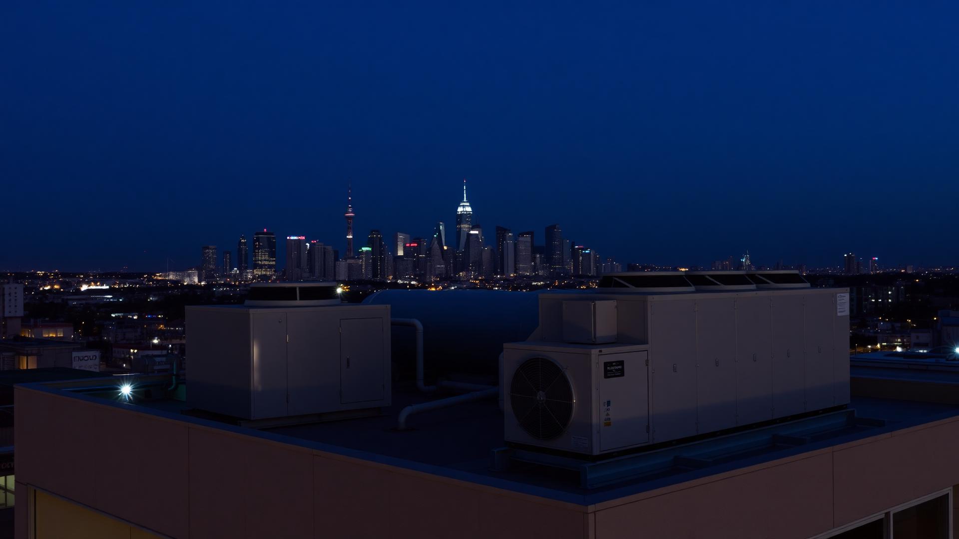 Rooftop chiller and HVAC plant with a city skyline at dusk